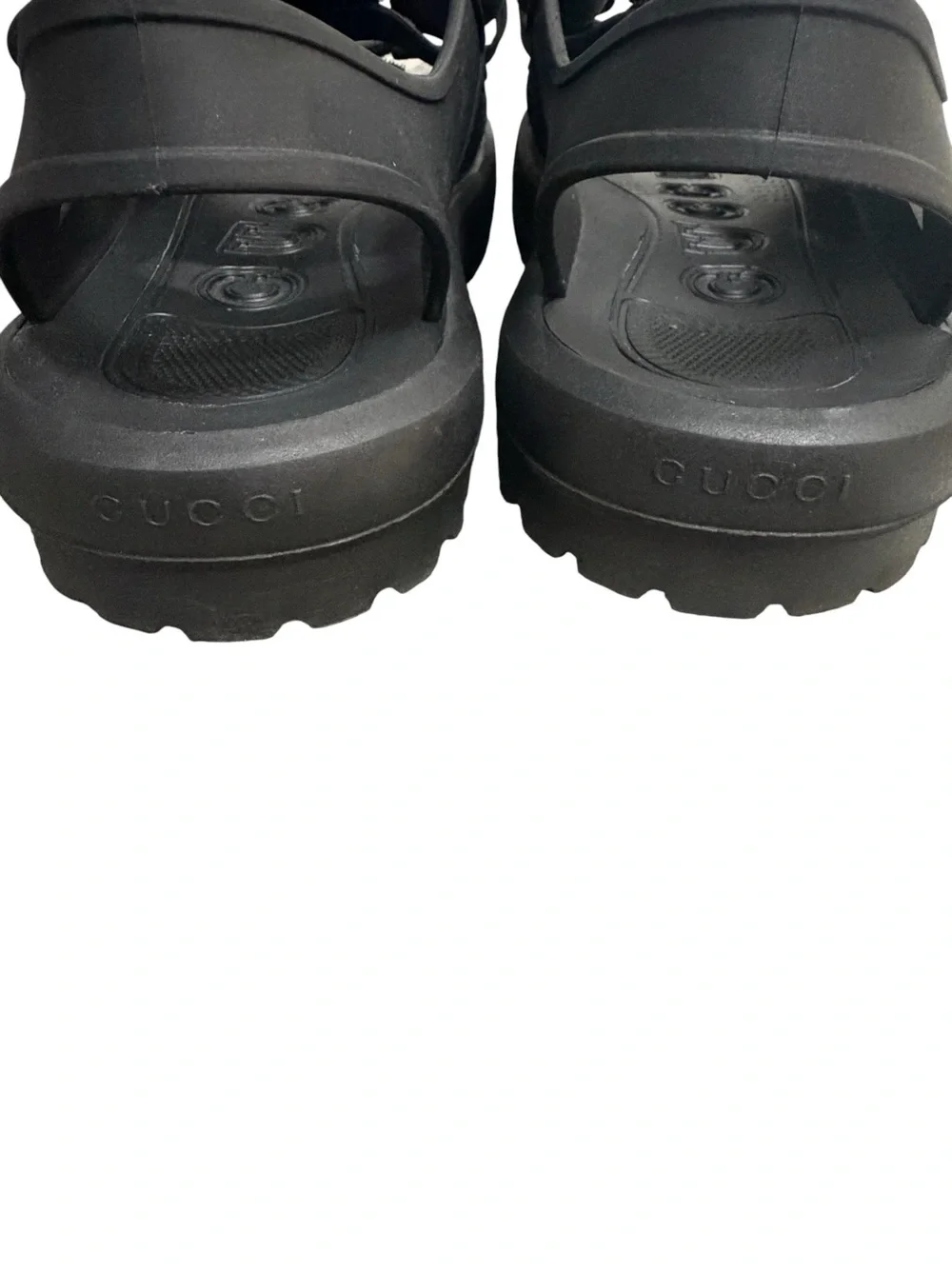 Gucci Black Rubber Honeycomb Strap Sandals, Size 8